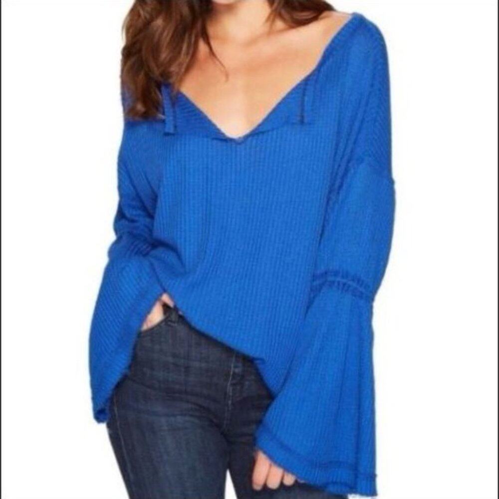 Free People Dahlia Top Thermal Knit Bell Sleeves Blue Size XS